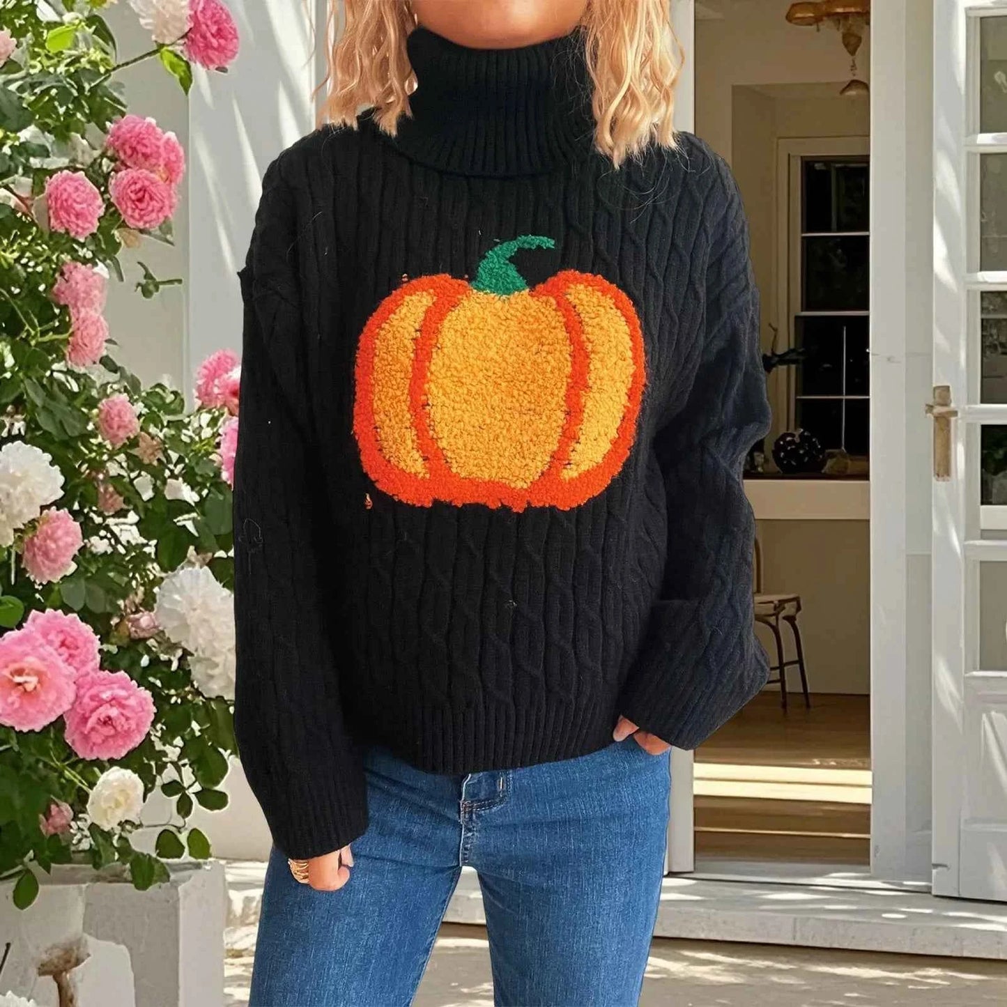Cozy Halloween Pumpkin Embroidered Sweater