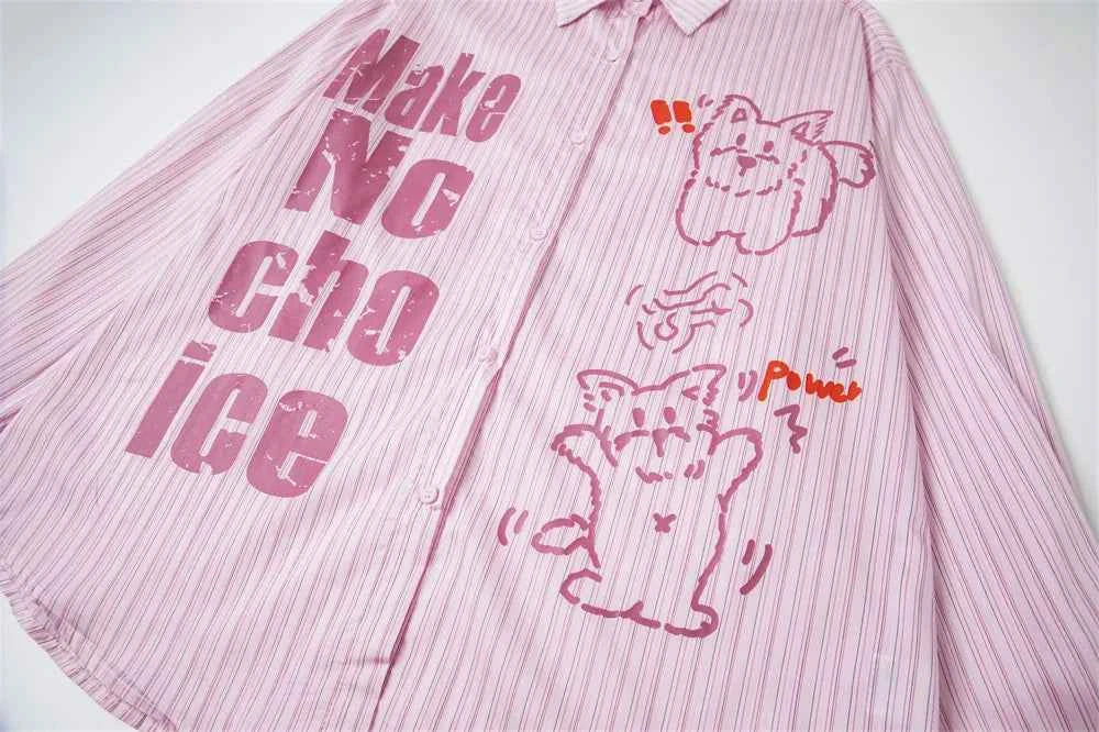 Retro Striped Cartoon Print Lapel Long Sleeve Shirt