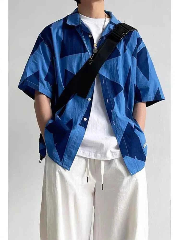 Y2K Street Style Navy Geometric Print Short Sleeve Shirt