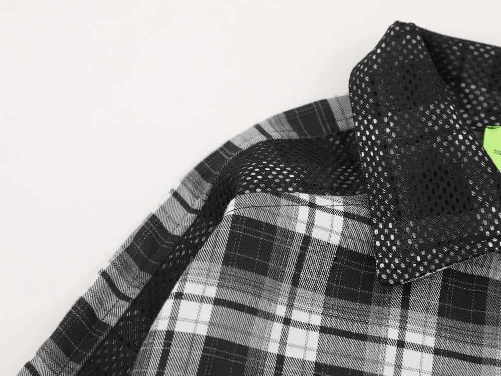 Versatile Plaid Mesh Spliced Embroidered Lapel Shirt