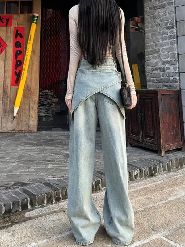 Y2K Cool Vintage Patchwork Blue Baggy Jeans - Luxuryurbanwear