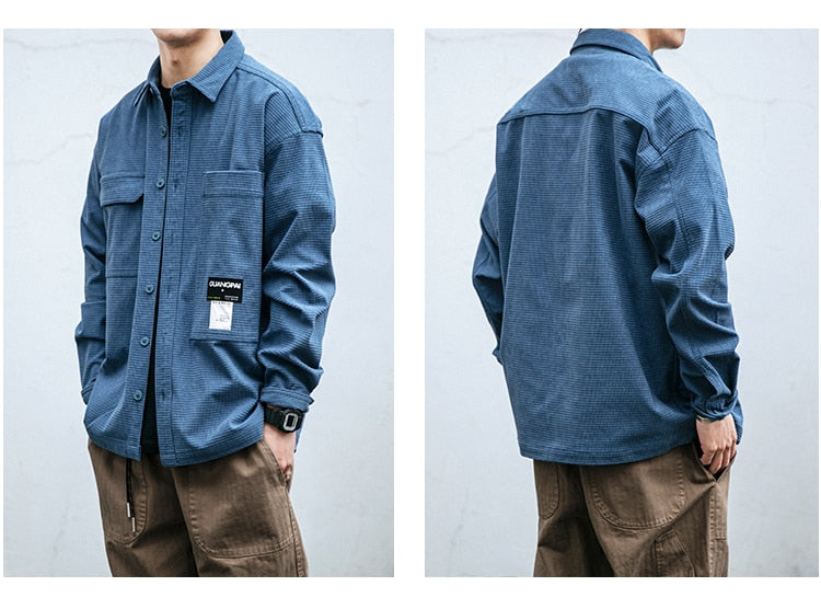 Corduroy Waffle Plaid Semi Collar Overshirt
