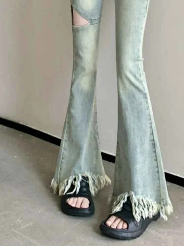 Women High Waist Tassel Denim Flare Jeans