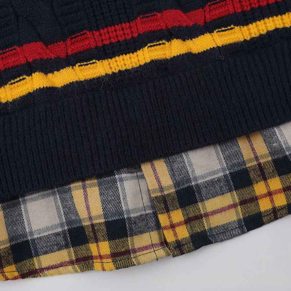 Oversized Varsity Patchwork Double Layers Knit Sweater