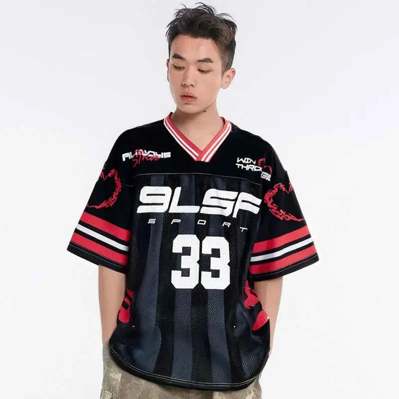 Retro Mesh Patchwork V-Neck Collar Graphic T-Shirt