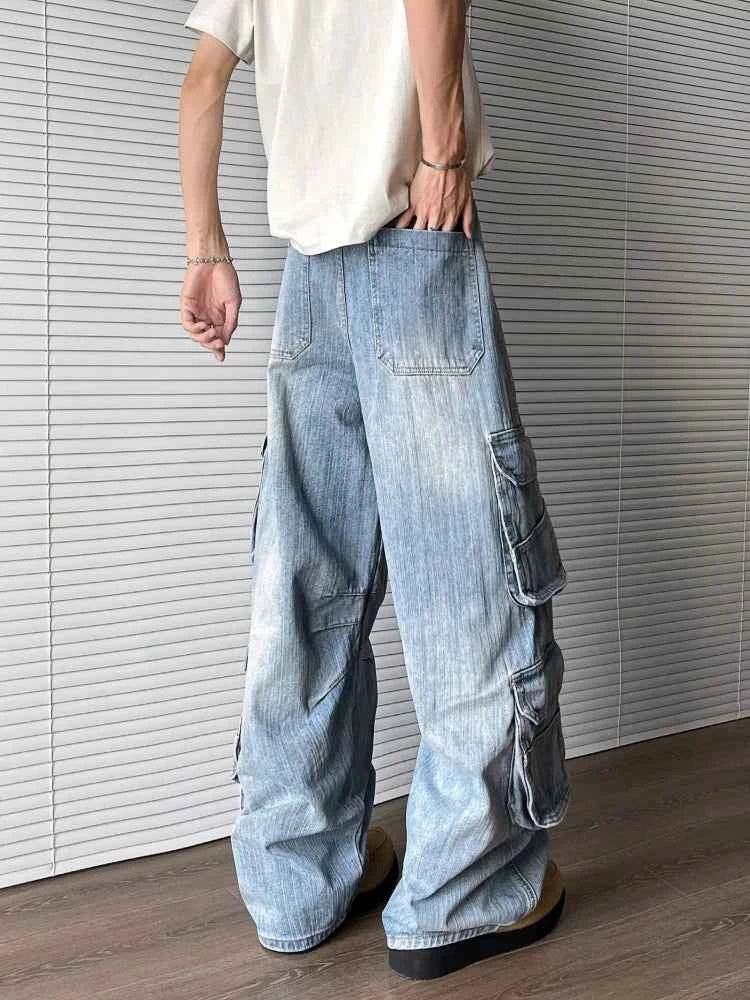 Raw Hem Realness Washed Blue Baggy Cargo Jeans