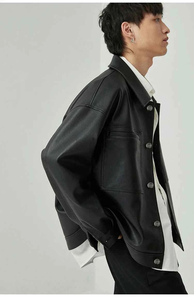 Brown And Black Oversized Faux Leather Jacket