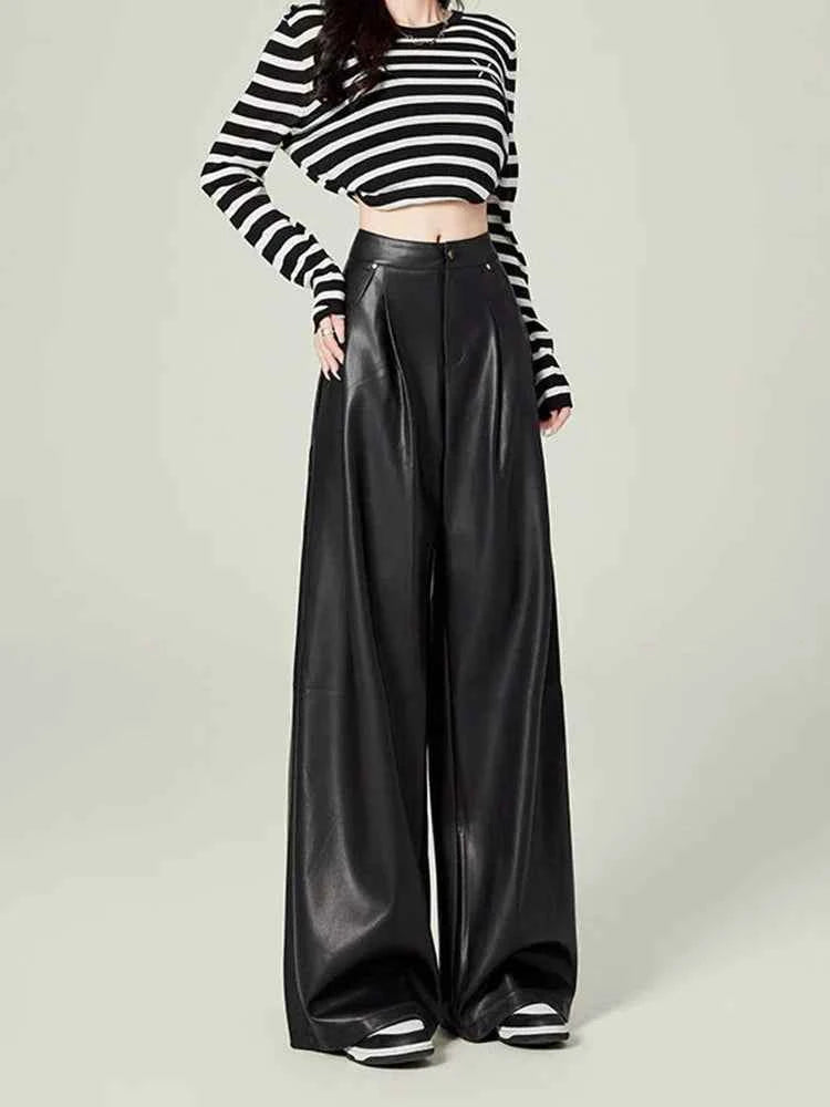 Stylish High Waist Drape Leather Pants