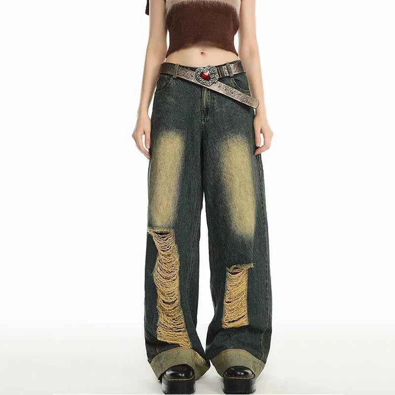 Summer Distressed High-Waist Wide-Leg Jeans