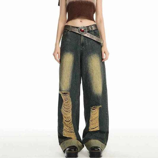 Summer Distressed High-Waist Wide-Leg Jeans
