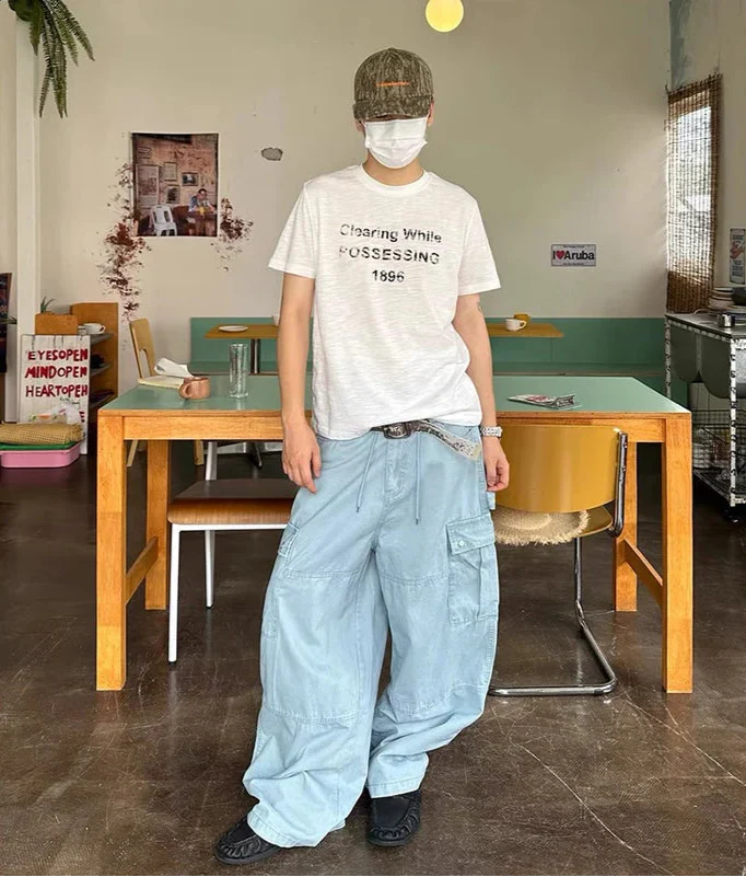 Durable Blue Vintage Y2K Wide Leg Cargo Jeans - Luxuryurbanwear