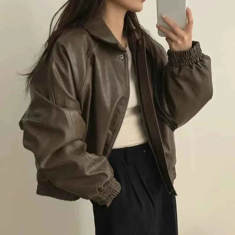 Warm Retro Minimalist Suede Lapel Leather Jacket