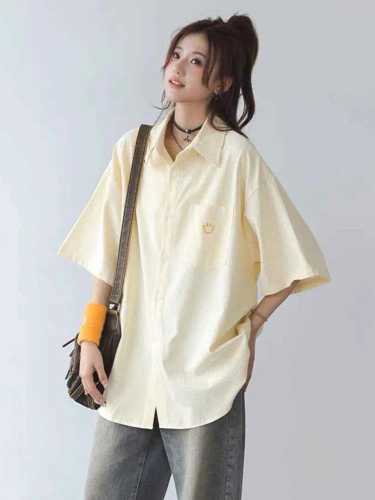 Women Streetwear Vintage Cute Yellow Striped Loose Shirt