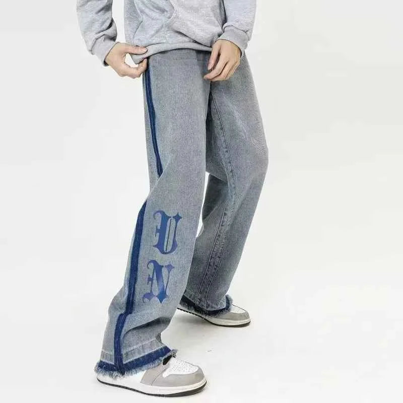 Streetwear Blue Goth Letter Print Cool Jeans
