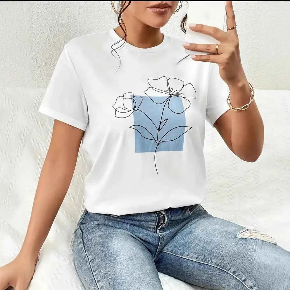 Women Floral Retro Printed Casual White T-Shirt