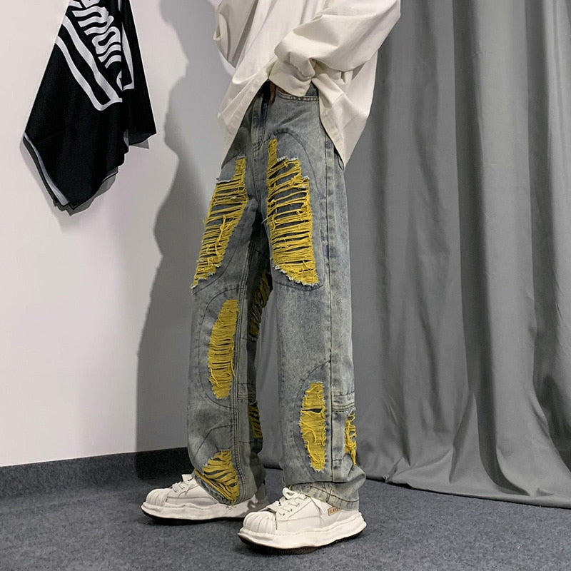 Denim Streetwear Ripped Patches Pants