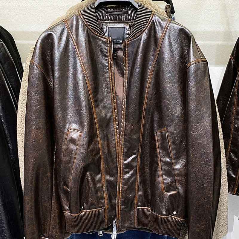 Winter Loose Fit Retro Brown Leather Race Jacket