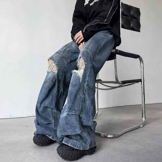 Trendy Wide Leg Broken Hole Jeans