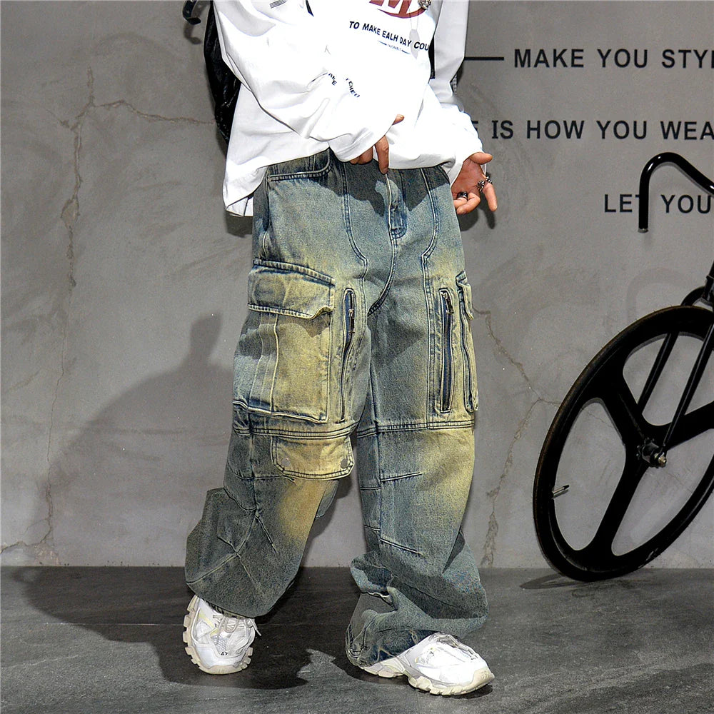 Distressed Denim Cargo Pants