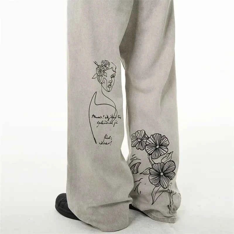 Distressed American Retro Graffiti Graphic Denim Jeans