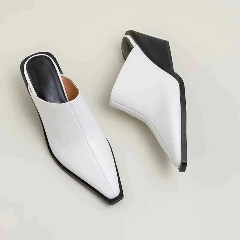 LUW "Executive-Edge" Genuine Leather Mules - Luxury Med-Chunky Heel Summer Wedges
