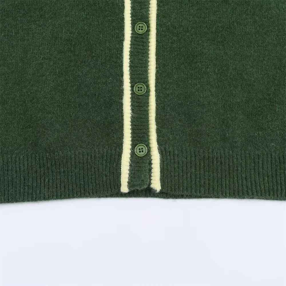 Contrast Color Round Neck Long Sleeve Knit Cardigan