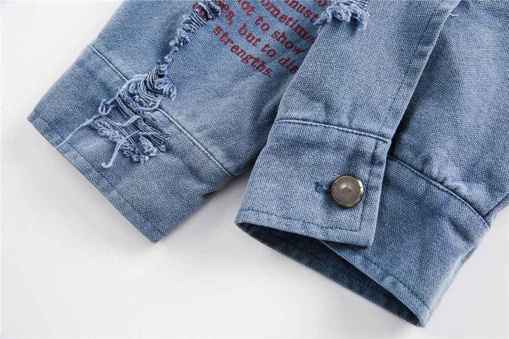 Trendy Streetwear Blue Distressed Denim Jacket