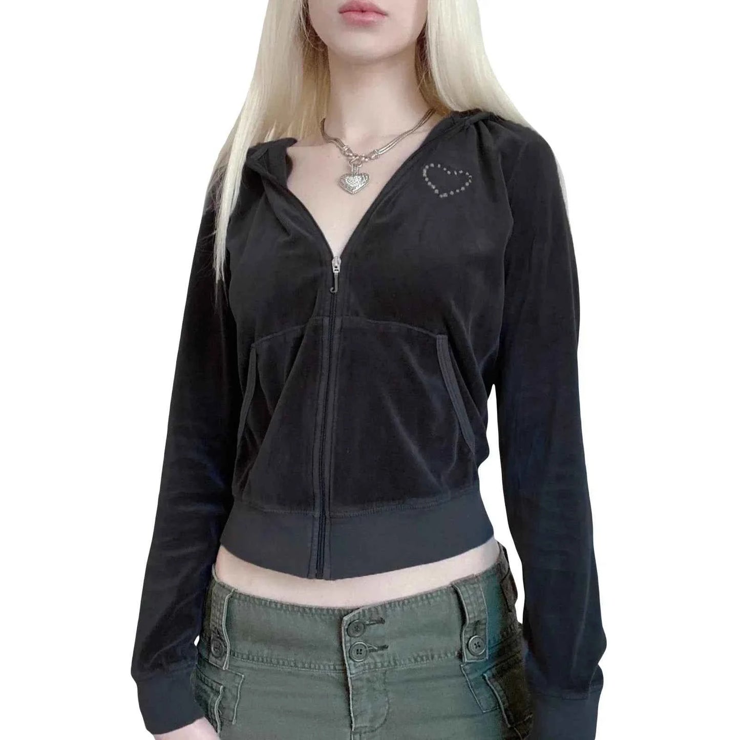 Rhinestone Heart Decor Zip Up Sweatshirt