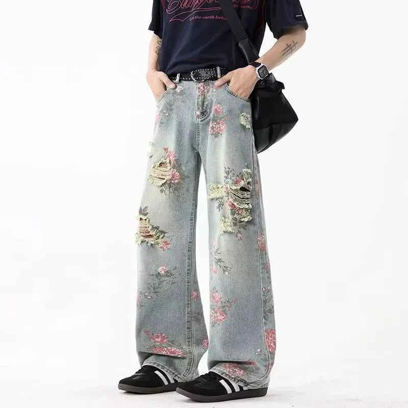 Retro Peony Flower Jacquard Ripped Jeans