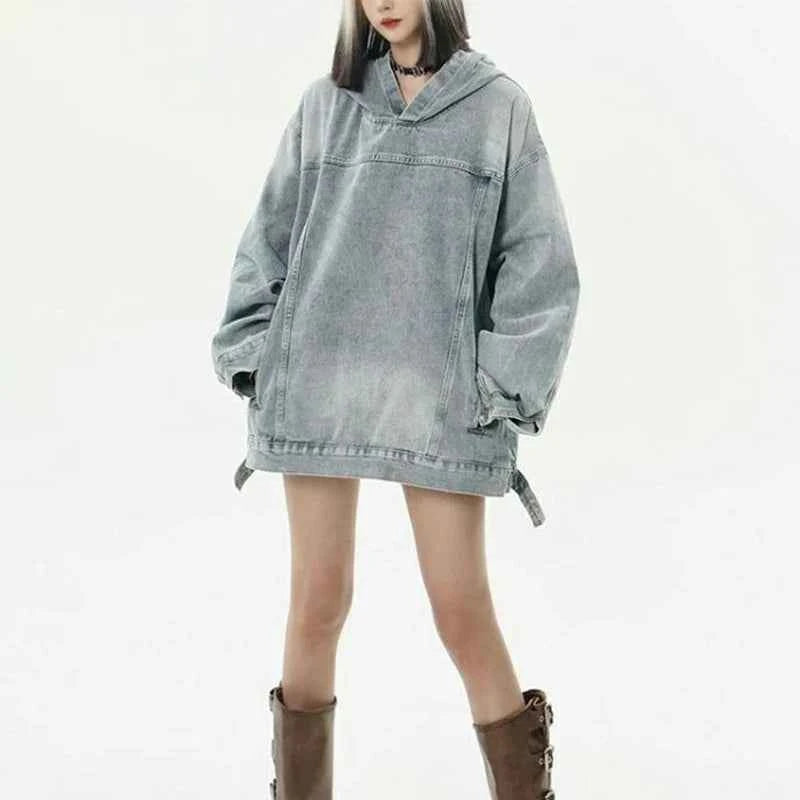 Casual Retro Washed Handsome Denim Hoodie