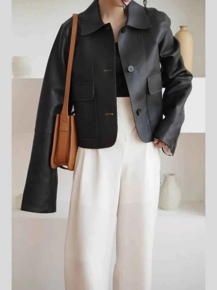 Women Luxury Retro Collar Short Leather Jacket