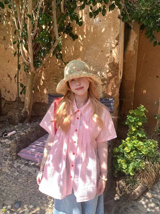 Pink Sheer Striped Blouses Summer Shirt