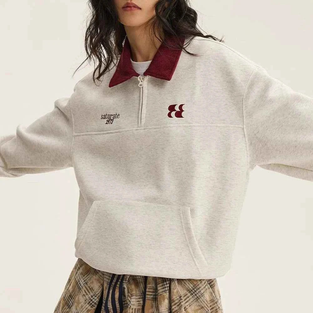 Velvet Embroidered Turn-Down Collar Sweatshirt