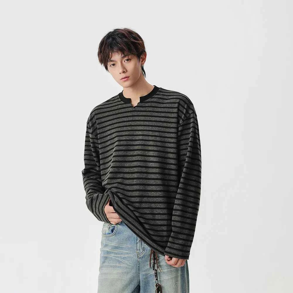 Striped Notch Neck Casual Long Sleeve T-Shirt