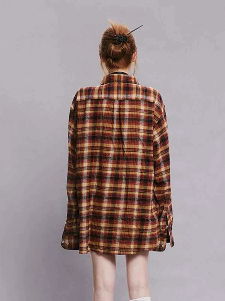 Women Cool Plaid Oversize Retro Vintage Long Sleeve Shirt
