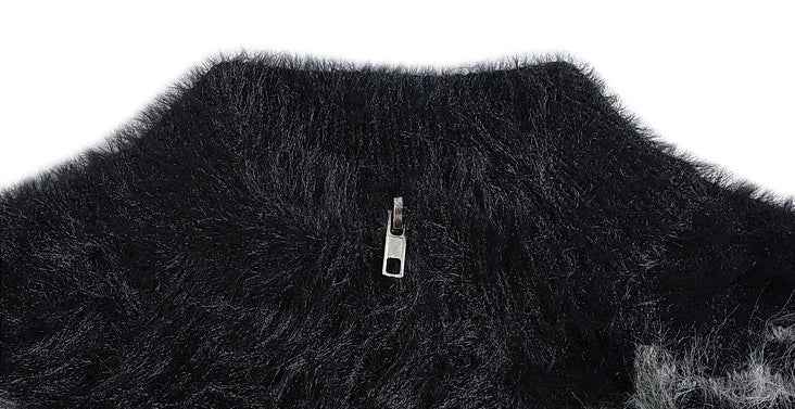 Black Jacquard Faux Fur Zipper Knit Cardigan