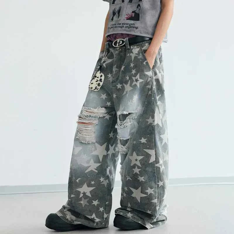 Star Printed Streetwear Wide Leg Denim Jeans