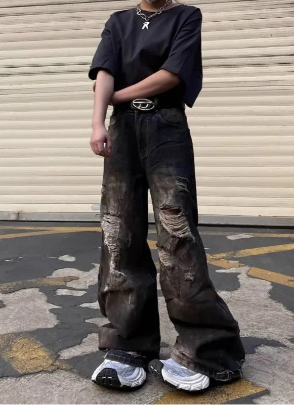 Vintage Cool Ripped Loose Fit Wide Jeans - Luxuryurbanwear