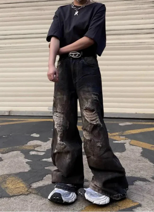 Vintage Cool Ripped Loose Fit Wide Jeans - Luxuryurbanwear