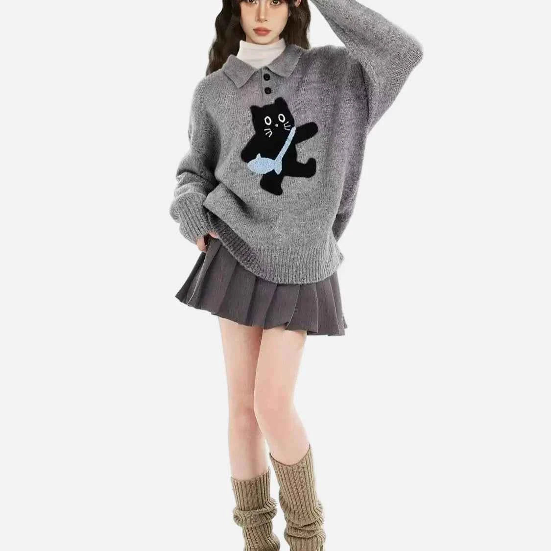 Winter Y2K Cozy Gray Cat Knit Sweater