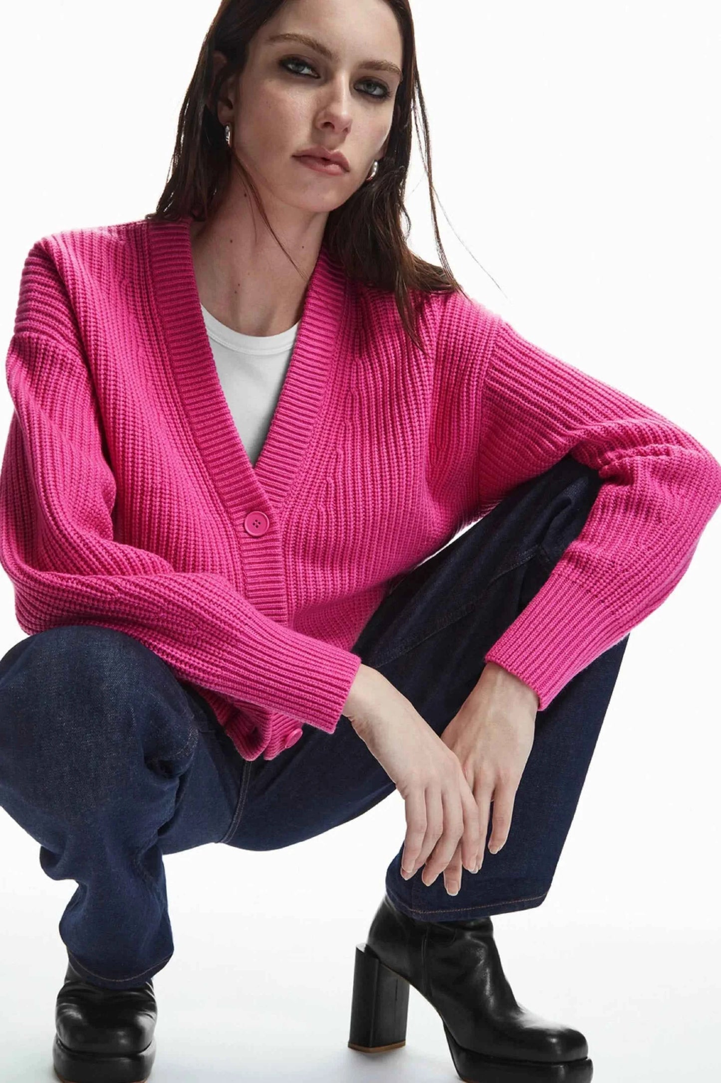 Ethereal Pink Casual Winter Rib V-Neck Cardigan