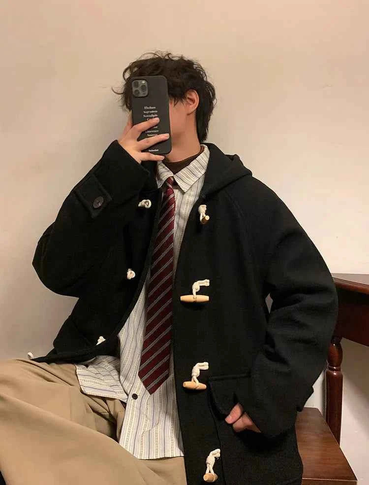 Vintage Horn Buckle Woolen Hooded Coat