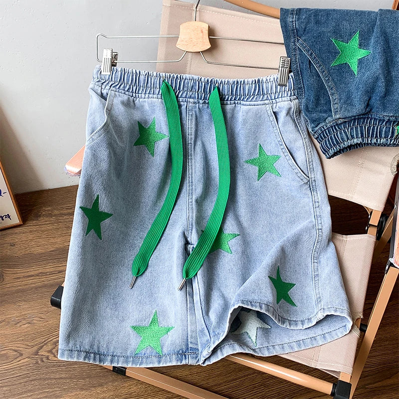 Five-point Star Patchwork Elastic Waist Shorts