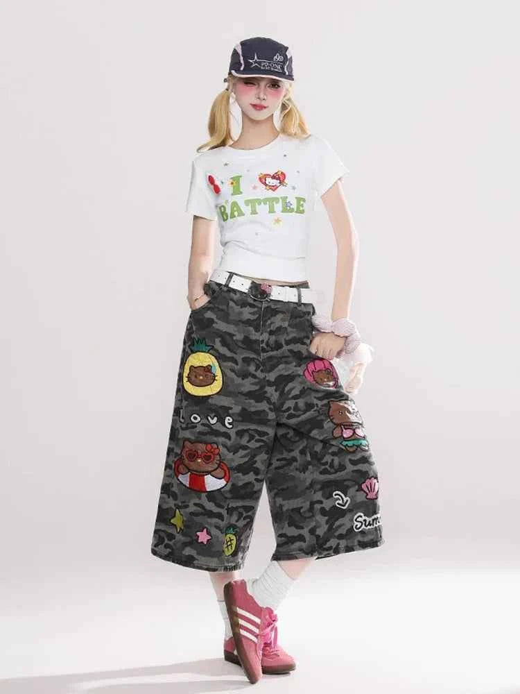 Reddachic Cartoon Patched Camo Jorts