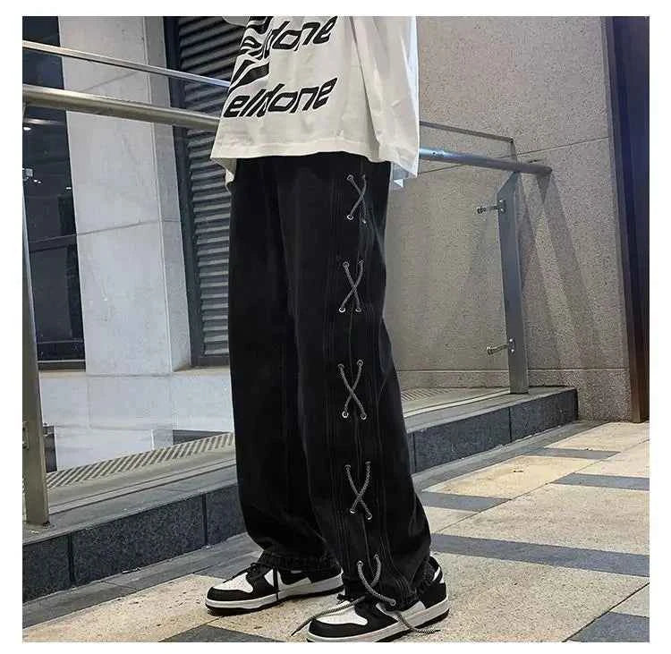 Y2K Streetwear Cool Black Lace-Up Baggy Jeans