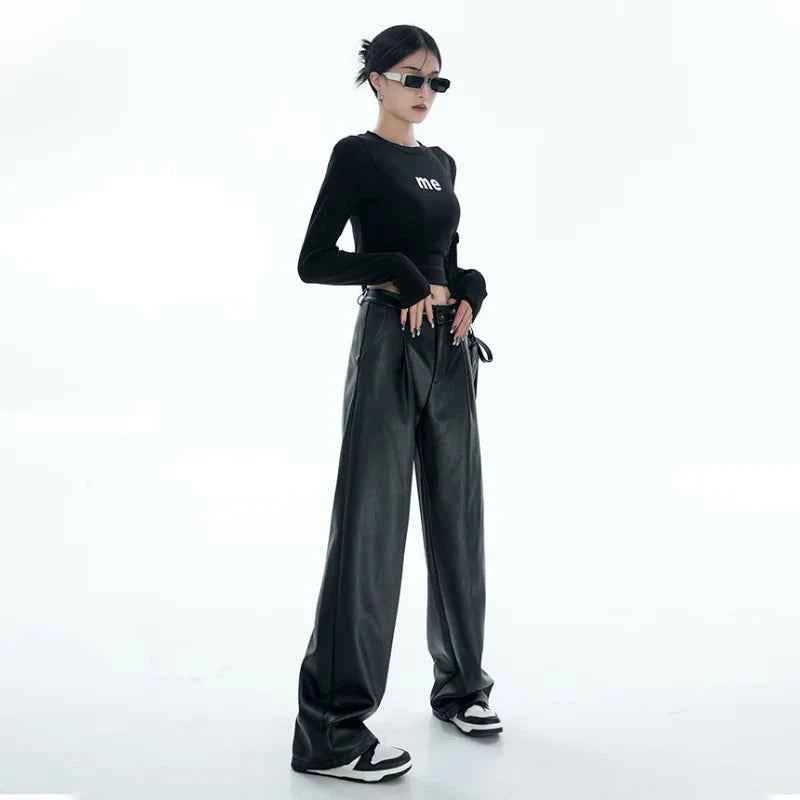 High Waist Black PU Leather Pants