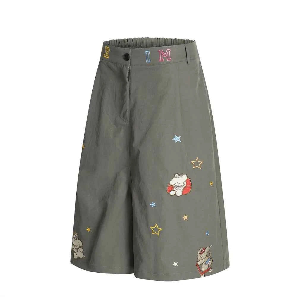 Elastic Waist Cartoon Embroidery Casual Short