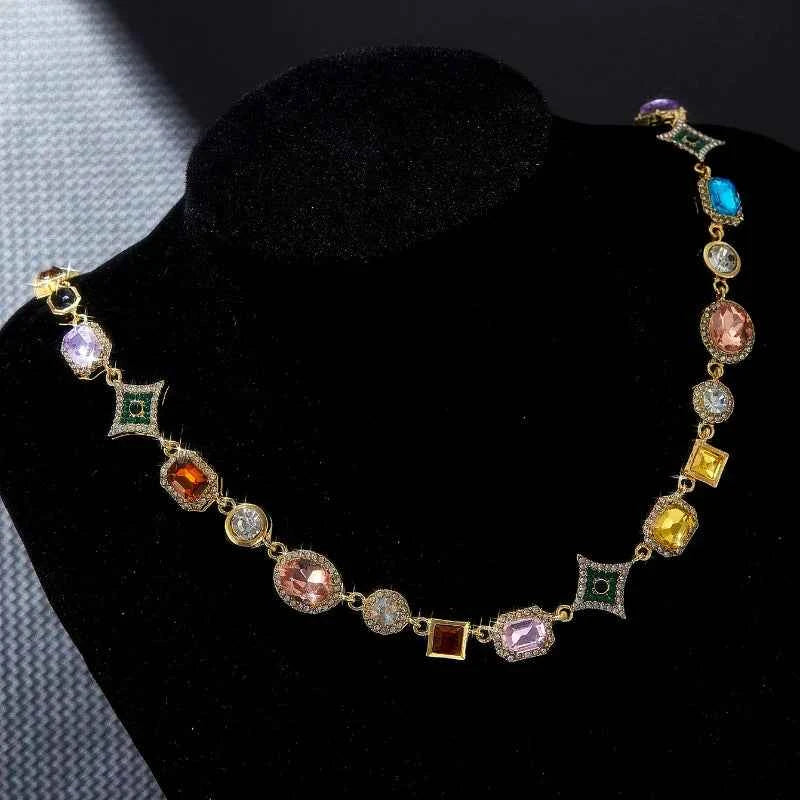 Colorful Zirconia Geometric Chain Necklace