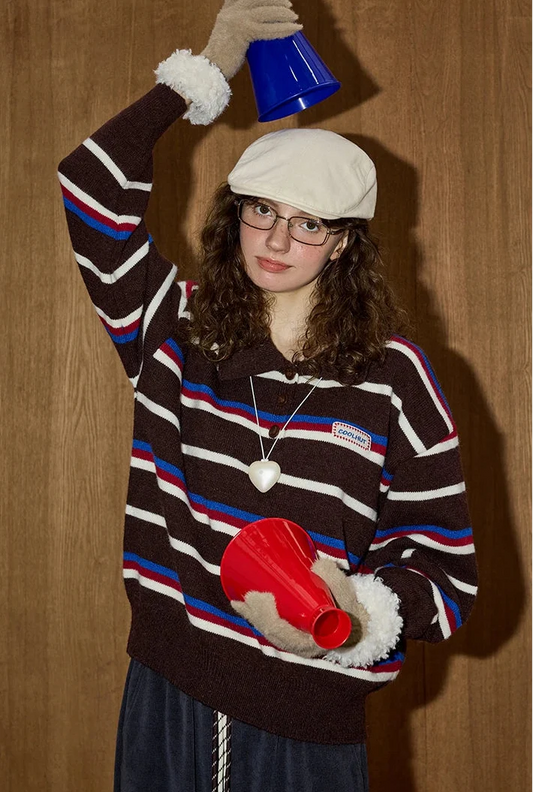 Retro Chic Oversized Striped Polo Sweater - Luxuryurbanwear