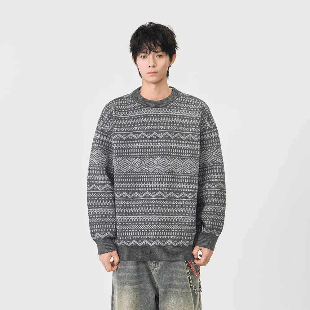 Y2K Plush Ethnic Knit Crew Neck Sweater